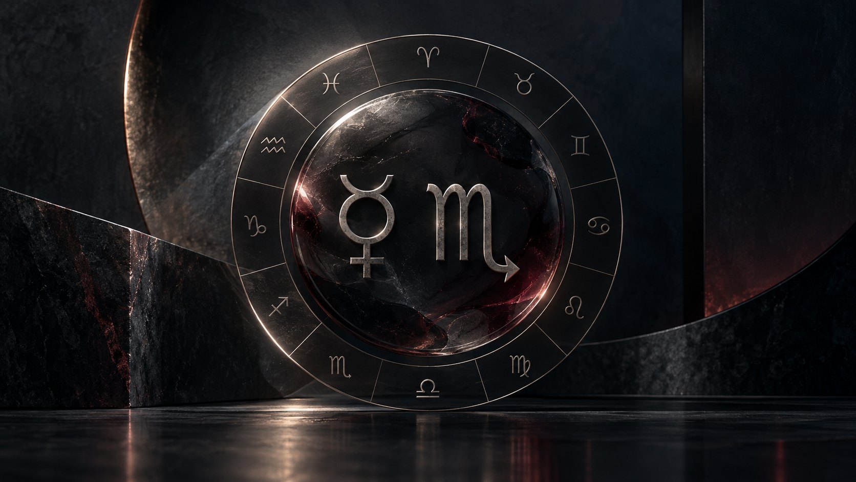 Símbolos de Mercúrio e Escorpião no centro de um círculo com os 12 signos, sobre uma superfície escura com reflexos prateados e vinho.