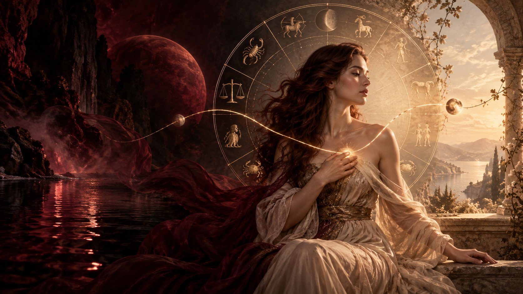 Figura feminina entre sombras bordô e luz dourada diante de um círculo zodiacal, simbolizando a travessia de Vênus retrógrada pelos doze signos.