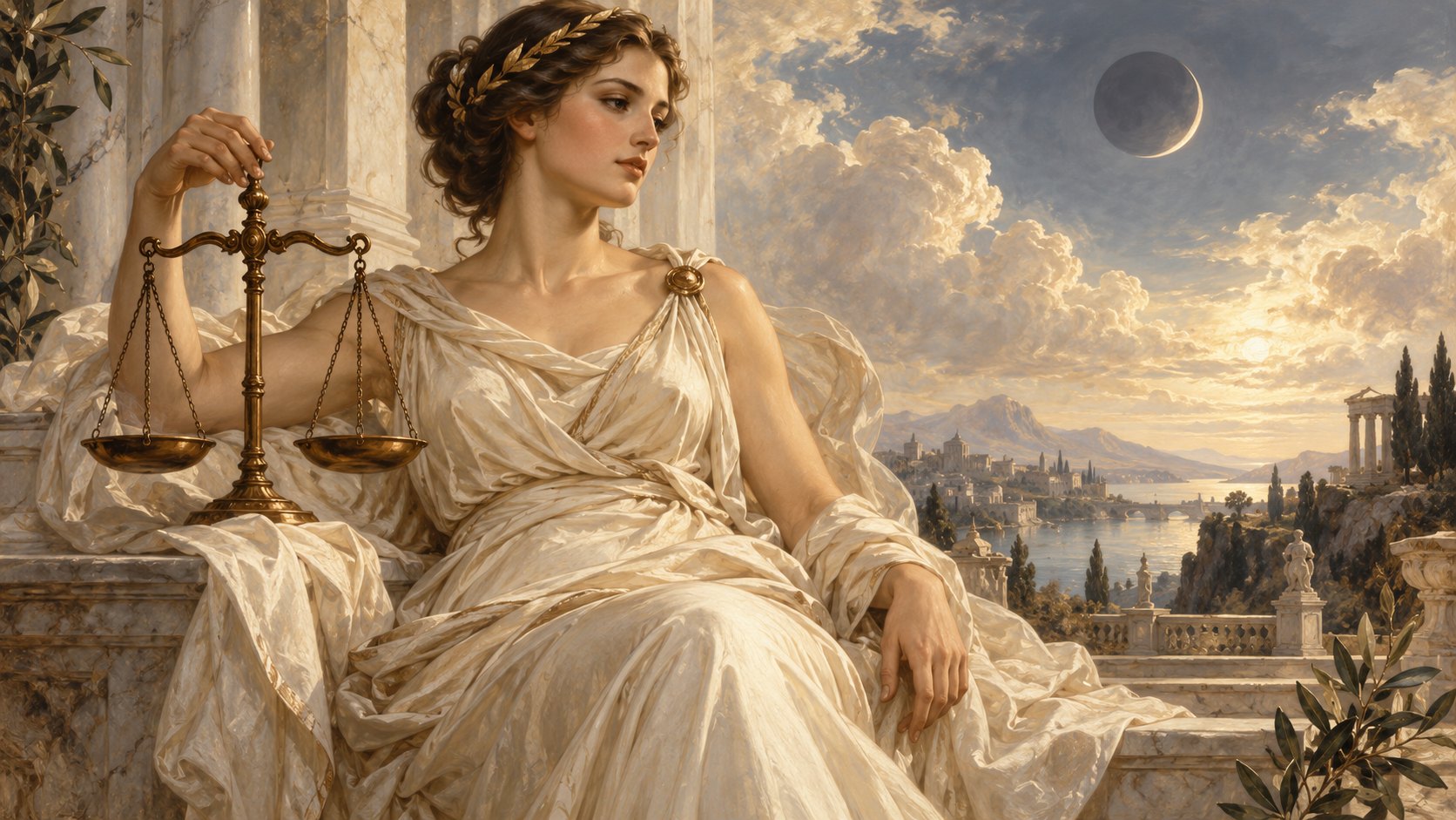 Pintura inspirada no Renascimento, com uma figura feminina segurando uma balança, tecidos claros e uma lua no céu.