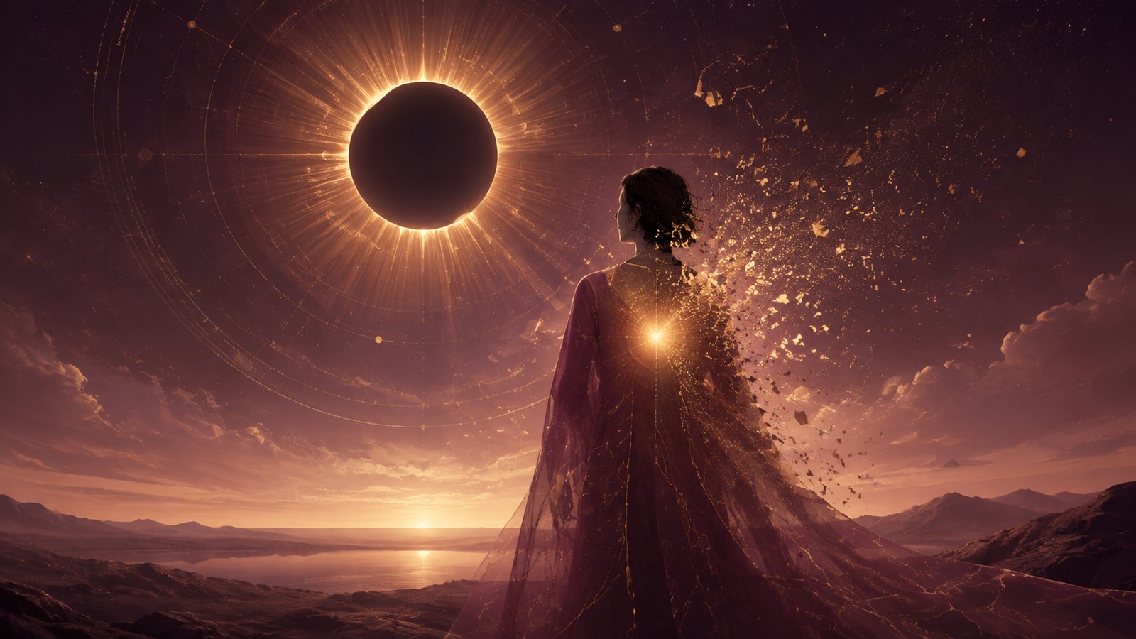 Figura diante de um eclipse solar dourado enquanto um antigo manto se desfaz, simbolizando a liberação de uma identidade e o retorno da essência.