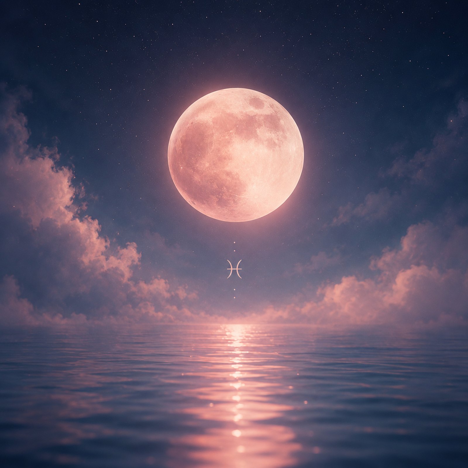 Lua cheia rosada sobre o mar calmo com o símbolo de Peixes refletido na água, evocando o eclipse lunar em Peixes.