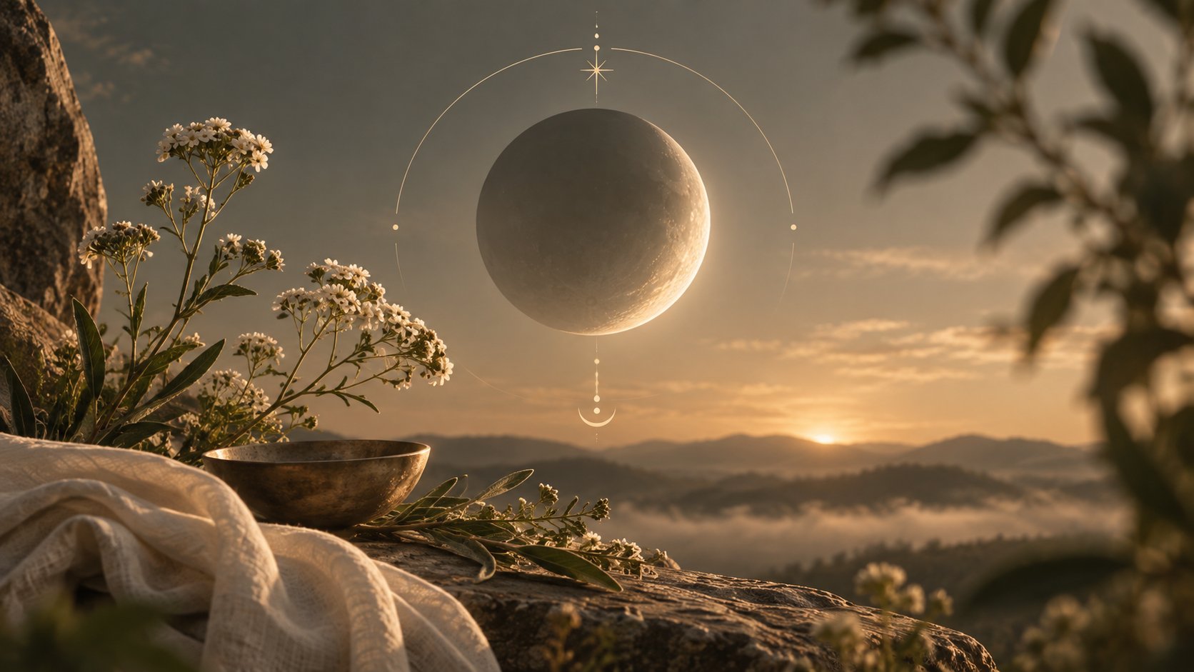 Lua nova sobre uma paisagem dourada ao pôr do sol, cercada por um círculo celestial, flores brancas e uma tigela sobre pedra, evocando a Lua Nova em Virgem.